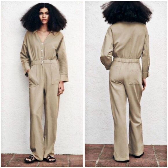 NWT LINEN BLEND LONG JUMPSUIT SAND L - Picture 5 of 6